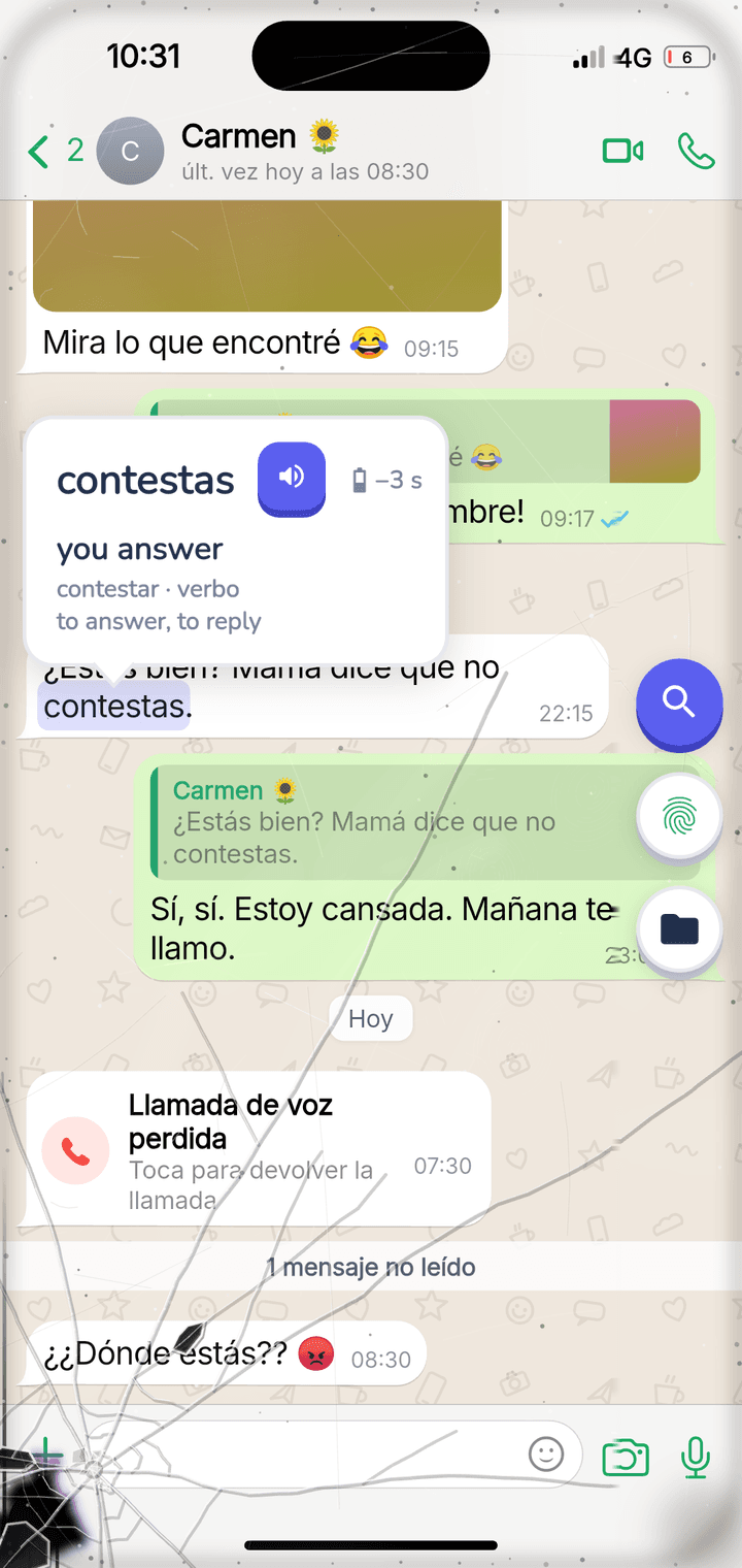 The lens explaining the word «contestas»